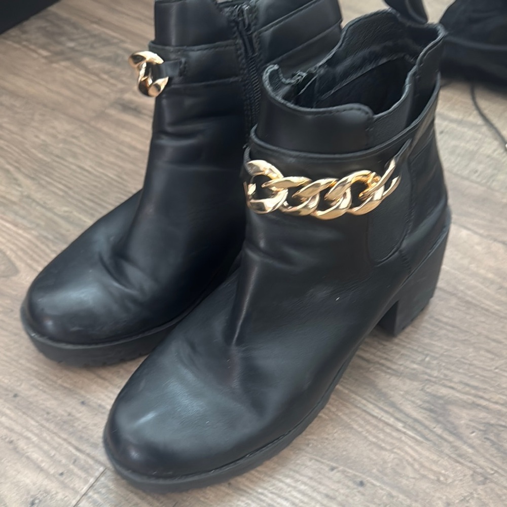 Black Leather Ankle Boots with Gold Chain